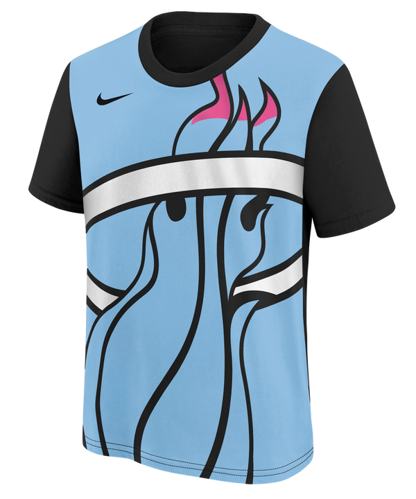 The Nike Miami HEAT Original Vice Nights Big Logo Youth Tee by New Era features short sleeves, a standard fit, and a bold blue abstract front graphic with black sleeves and a small black Nike logo on the chest. Machine washable.
