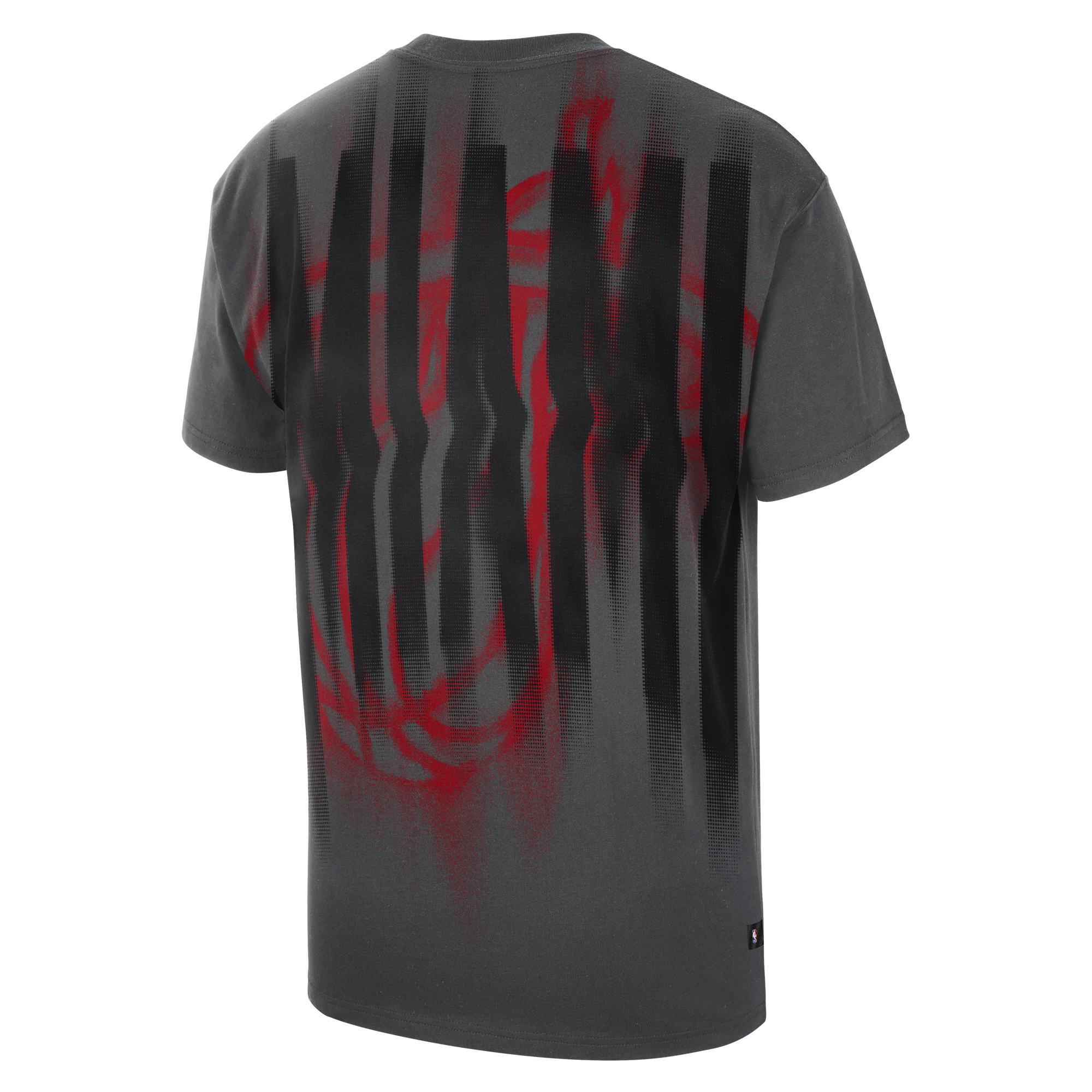 The Nike Miami HEAT 2026-27 Pre-Game Tee by Nike features a loose fit inspired by the energetic style of Miami HEAT fans, showcasing gray cotton fabric with black vertical stripes and a bold red abstract design on the back, as seen from behind.