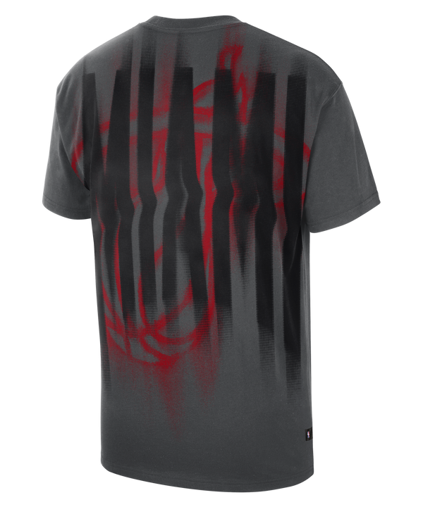The Nike Miami HEAT 2026-27 Pre-Game Tee is a dark gray, short-sleeve cotton shirt featuring small logos, including the Miami HEAT emblem, on the center chest. This loose fit tee from Nike is displayed on a plain white background.