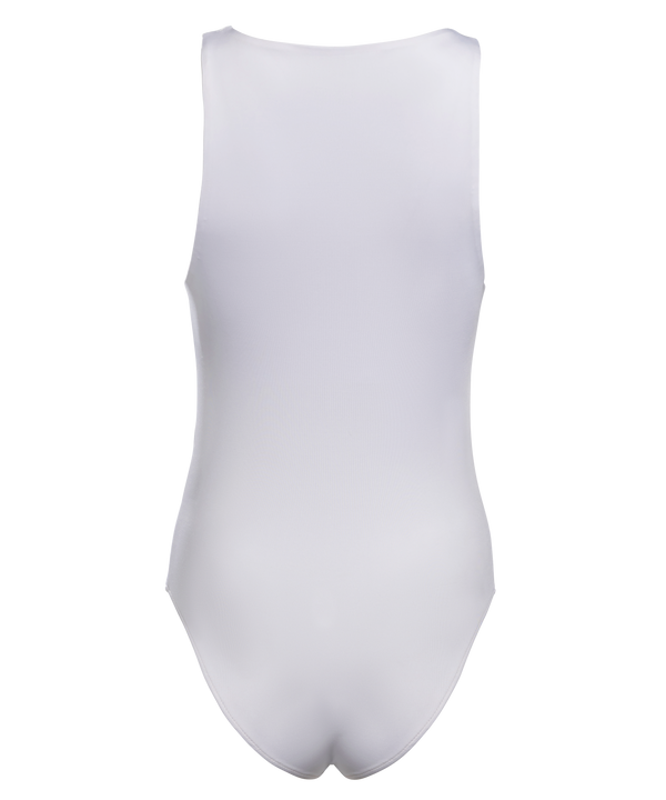 White sleeveless bodysuit with bright pink and blue 