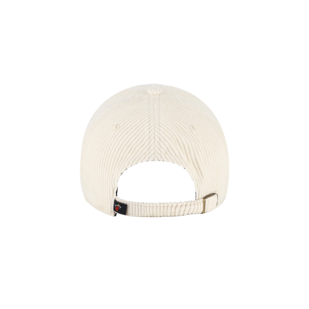 Back view of the ’47 Brand Miami HEAT Corduroy Script Women’s Cleanup Hat in a cream-colored corduroy, crafted from a polyester blend. Features include an adjustable strap and a small black tag near the closure. One size fits most. Shown against a plain white background. Spot clean for best care.