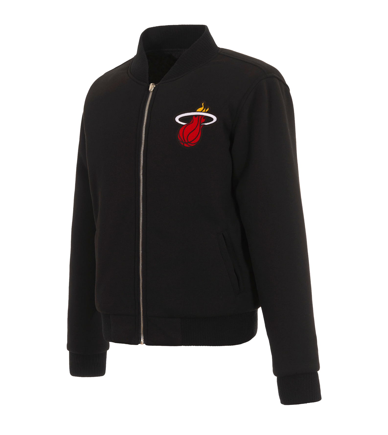 The JH Designs Miami HEAT Ladies Reversible Fleece Jacket is a black polyester piece with ribbed cuffs and collar, embroidered Miami Heat logos on the left chest, and a sleek metal zip closure, shown against a white background.