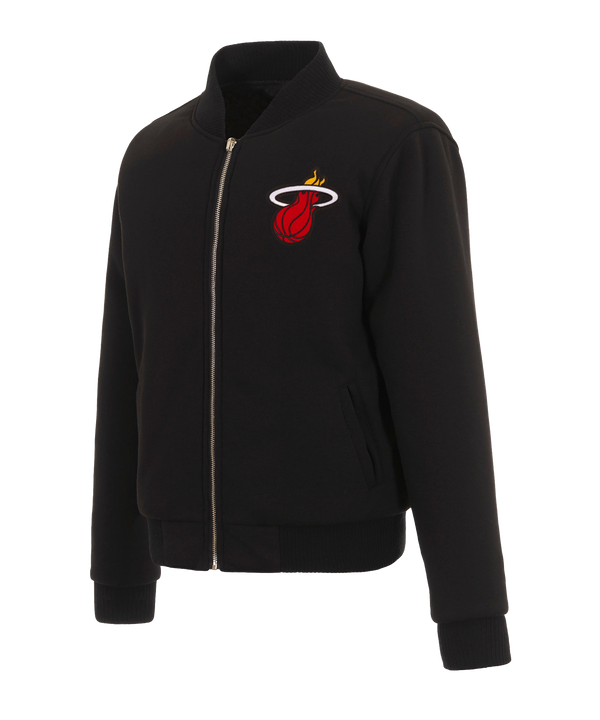 Two JH Designs Miami HEAT Ladies Reversible Fleece Jackets, black polyester with embroidered logos on the left chest and metal zip closures, shown on a plain white background.