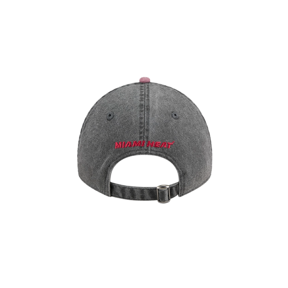 Black washed dad hat with adjustable strap and red Miami HEAT embroidered logo on back. - New Era Miami HEAT Black Washed Dad Hat