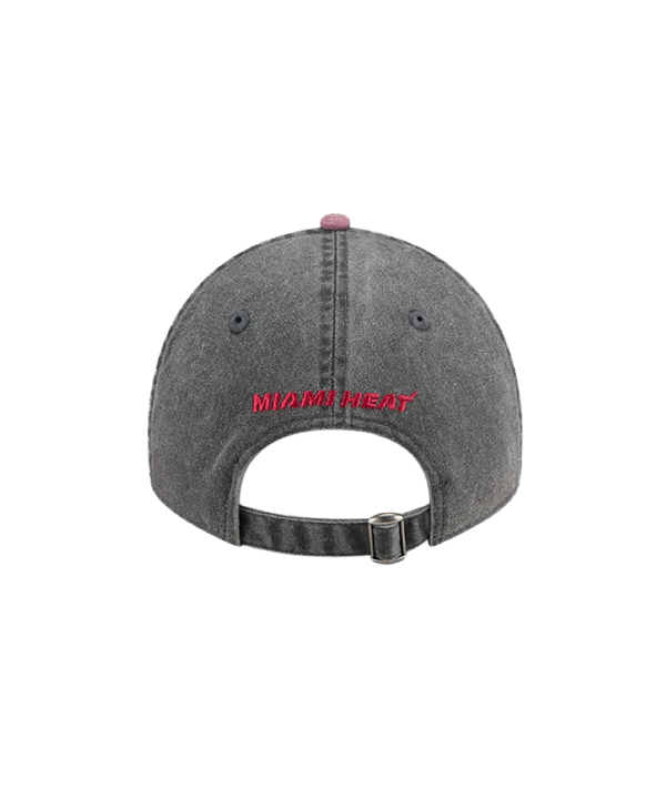 Black washed dad hat with pink curved brim and embroidered Miami HEAT logo on front. - New Era Miami HEAT Black Washed Dad Hat