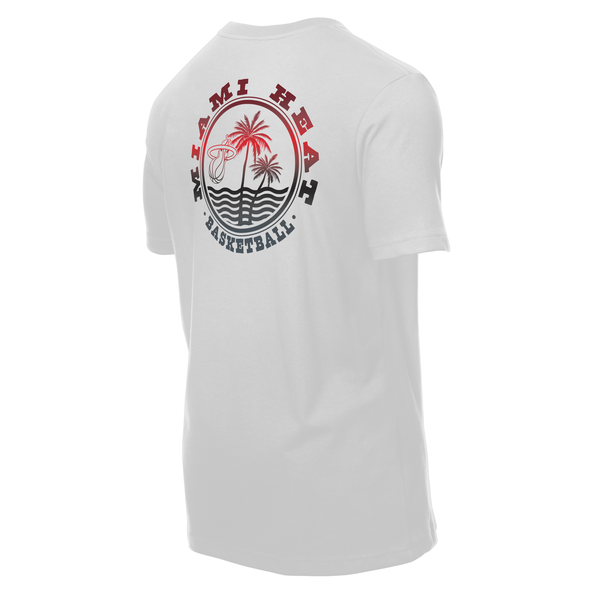 White New Era Miami HEAT basketball tee with red and black palm tree graphic on back. - New Era Miami HEAT White Basketball Tee