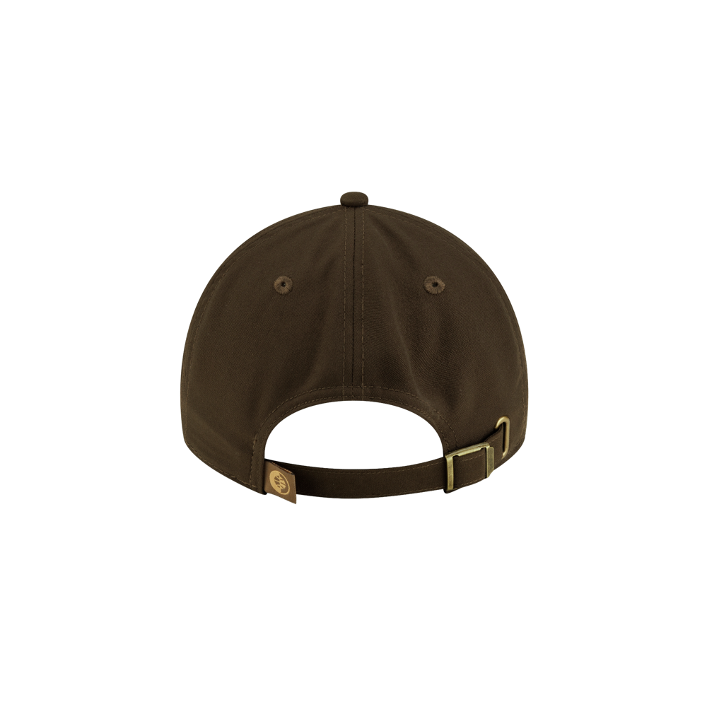 Back view of a dark olive Court Culture x New Era Olive Dad Hat in polyester with an adjustable brass buckle strap.