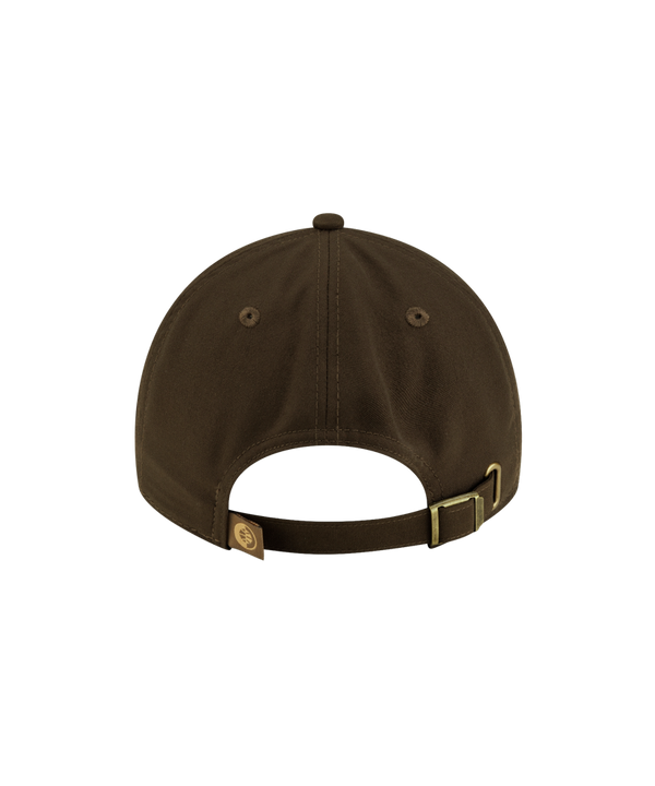 Court Culture x New Era Olive Dad Cap in olive polyester featuring an embroidered gold Miami Heat basketball logo on the front.