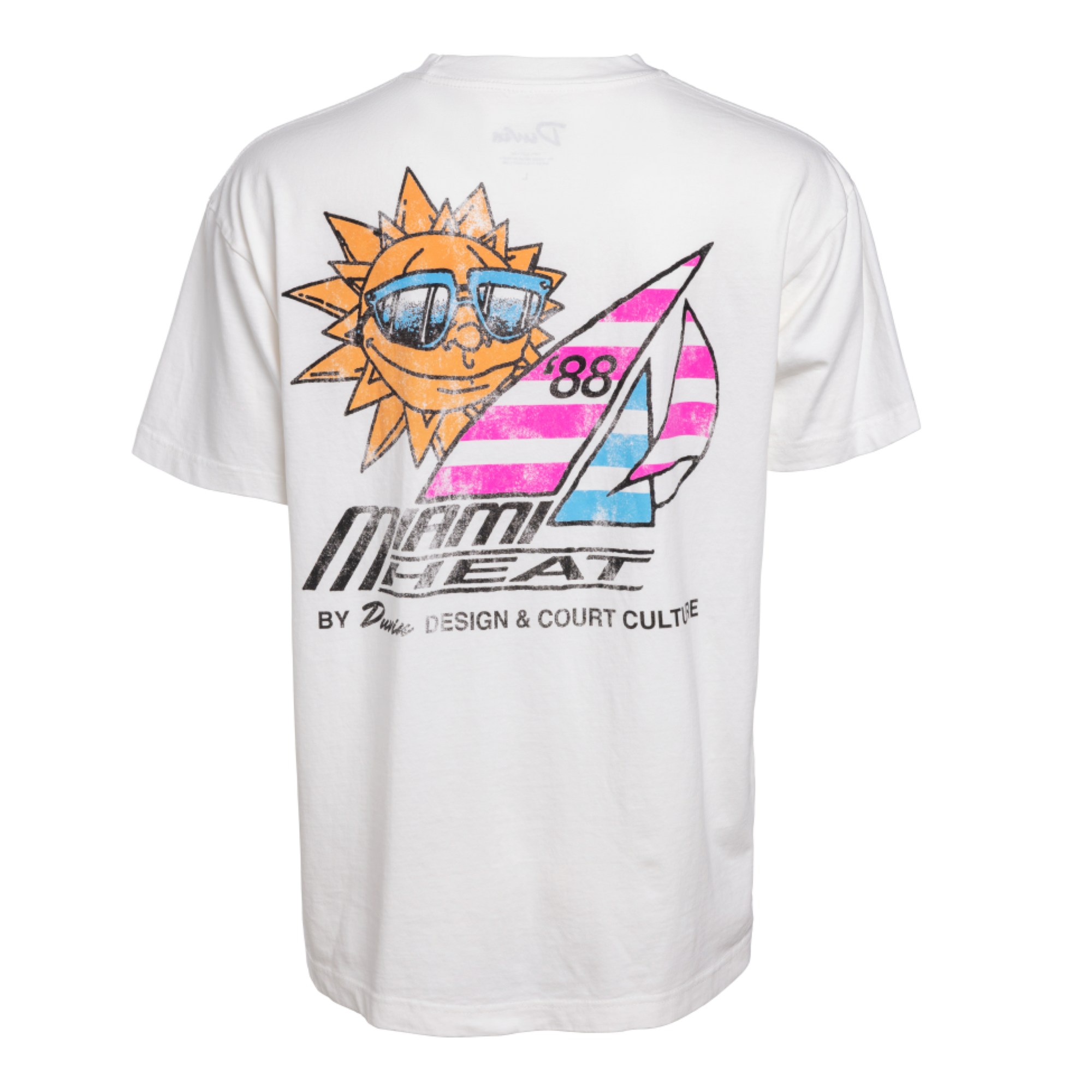The Court Culture x Duvin Sun Tee is a white heavyweight T-shirt with a smiling sun in sunglasses, a colorful sailboat, and 
