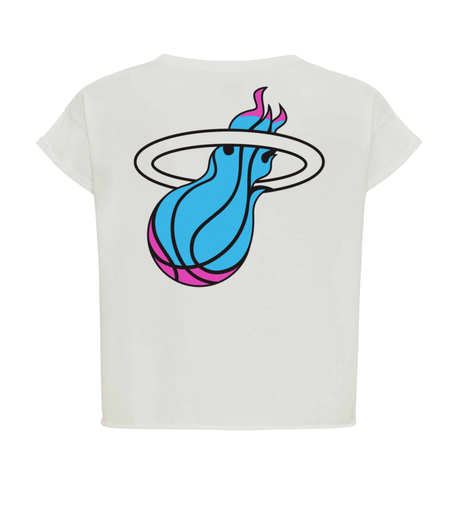 The Sportiqe Miami HEAT Original Vice Nights Alana Women's Tee features a large flaming blue and pink basketball graphic on the back, relaxed fit, and 100% cotton construction. Machine wash cold for comfort. Brand: Sportiqe.