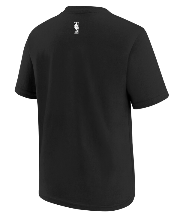 A black and blue Nike Miami HEAT Original Vice Nights Big Logo Tee, crafted from 100% cotton, features a bold stylized graphic across the front.