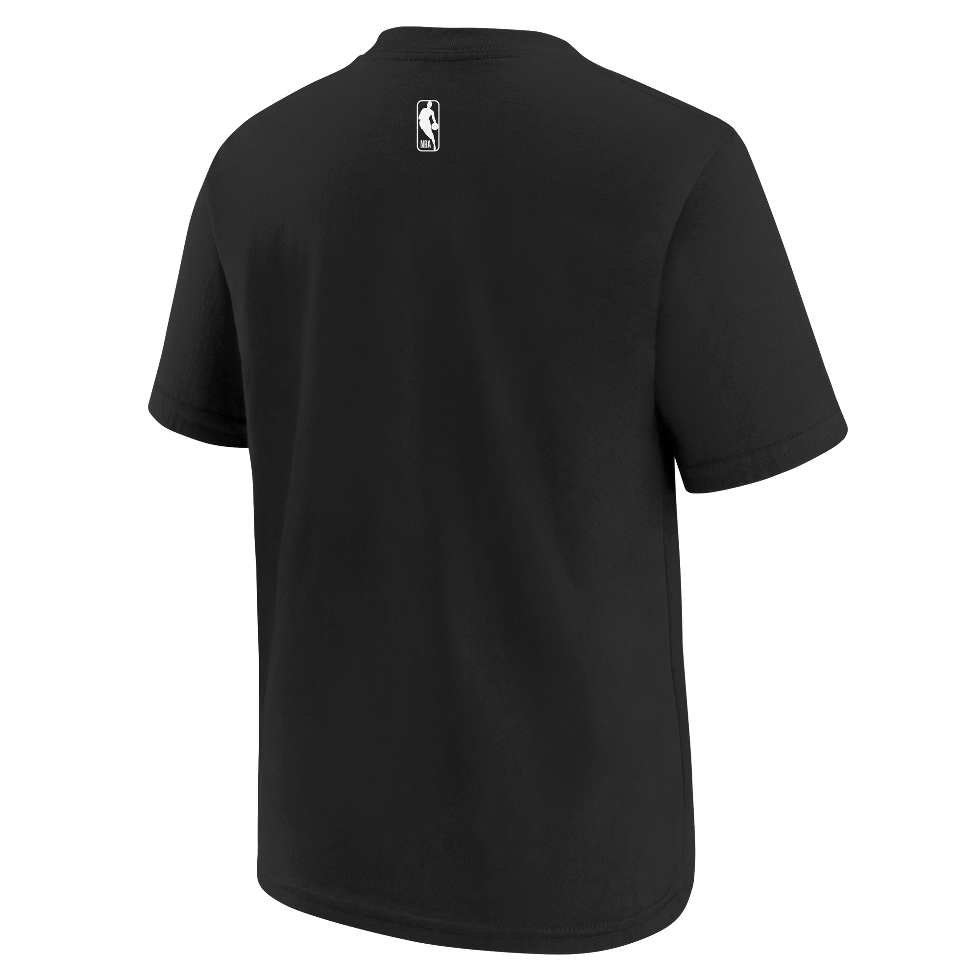 The New Era Nike Miami HEAT Original Vice Nights Big Logo Youth Tee is shown from the back, featuring a small white NBA logo below the neckline. This youth t-shirt offers classic style and is machine washable for easy care.