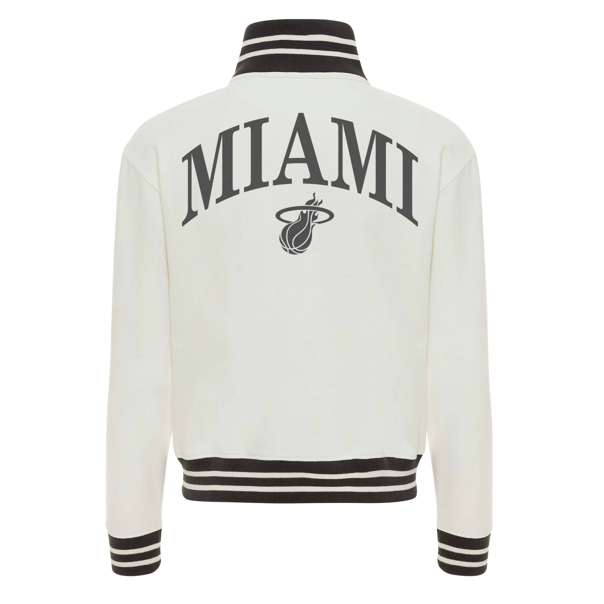 The Sportiqe Miami HEAT Sutton Women's Jacket is a white, standard fit piece with black striped cuffs and collar, 