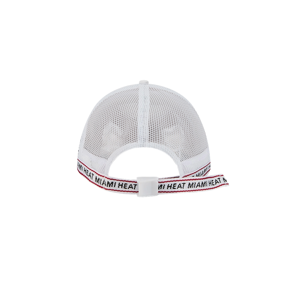 White New Era adjustable trucker cap with Miami HEAT logo on mesh back strap. - New Era Miami HEAT Logo Adjustable Trucker