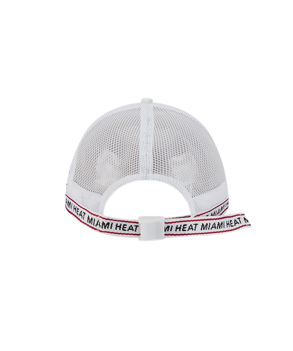 White New Era trucker cap with red Miami HEAT logo and adjustable snapback closure. - New Era Miami HEAT Logo Adjustable Trucker
