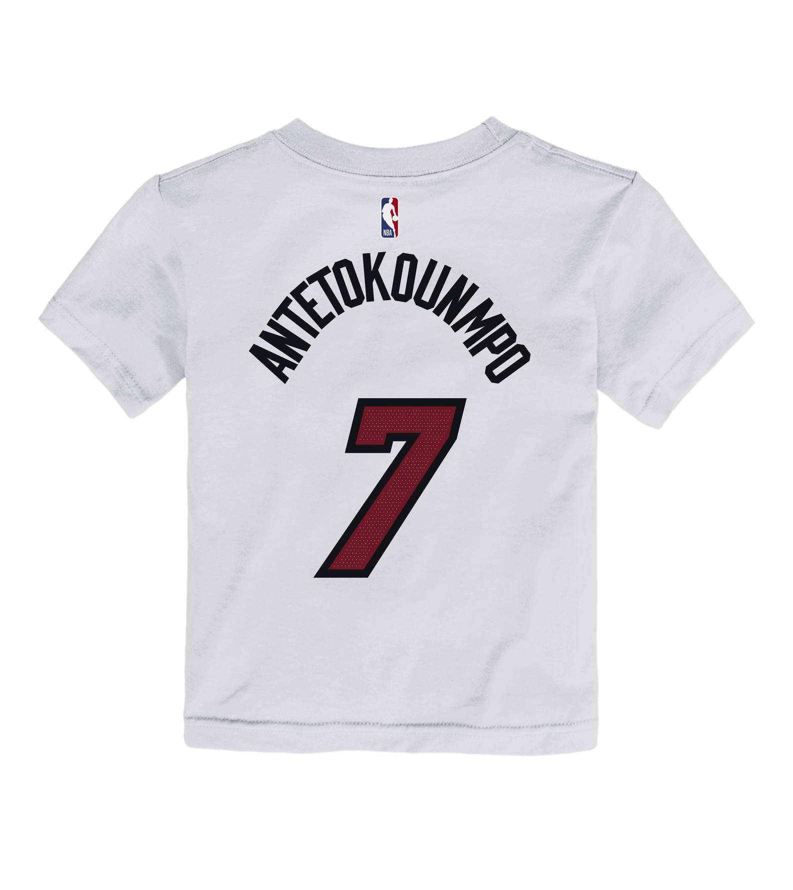 Dress your little one in the Giannis Antetokounmpo Nike Association White Name & Number Toddler Tee by Nike. This basketball jersey-style T-shirt features ANTETOKOUNMPO and the number 7 in bold black and red on the back, along with a visible NBA logo at the neck. Made from 100% cotton in a standard fit, this tee is easy to care for—simply machine wash cold to keep it looking fresh.