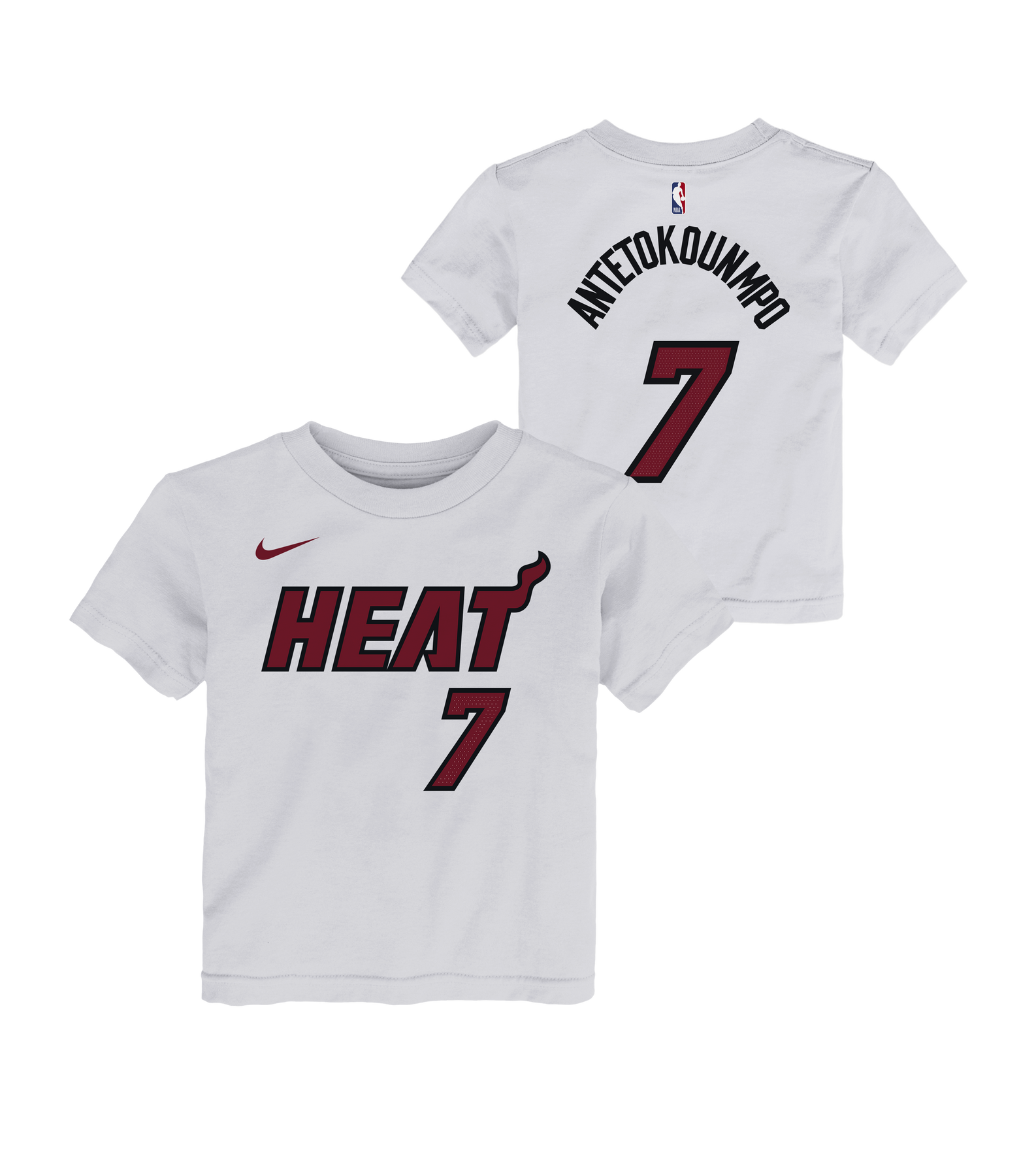 The Nike Giannis Antetokounmpo Association White Name & Number Toddler Tee showcases the Miami Heat wordmark and number 7 on the front, with ANTETOKOUNMPO and the number 7 on the back. Made from 100% cotton in a standard fit for all-day comfort, this Nike tee is easy to care for with machine wash cold instructions.