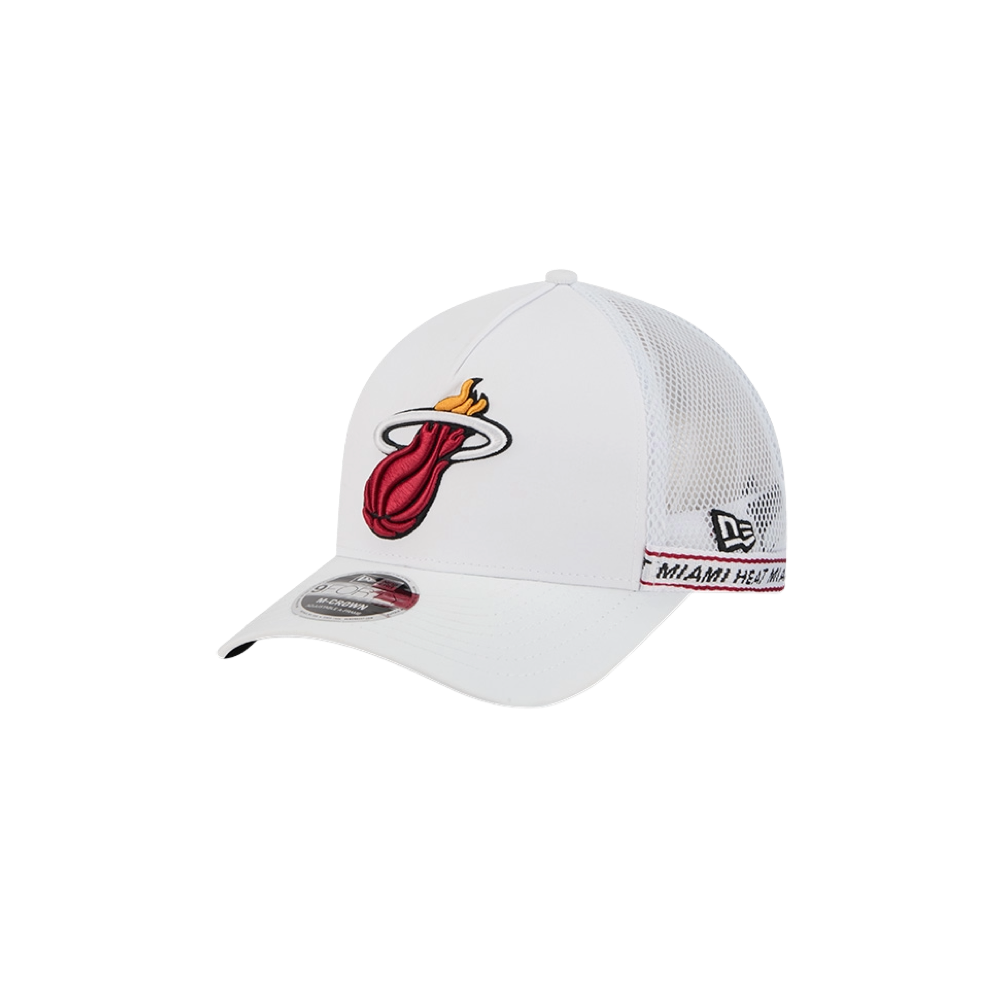 White New Era trucker cap with Miami HEAT logo and adjustable back strap. - New Era Miami HEAT Logo Adjustable Trucker