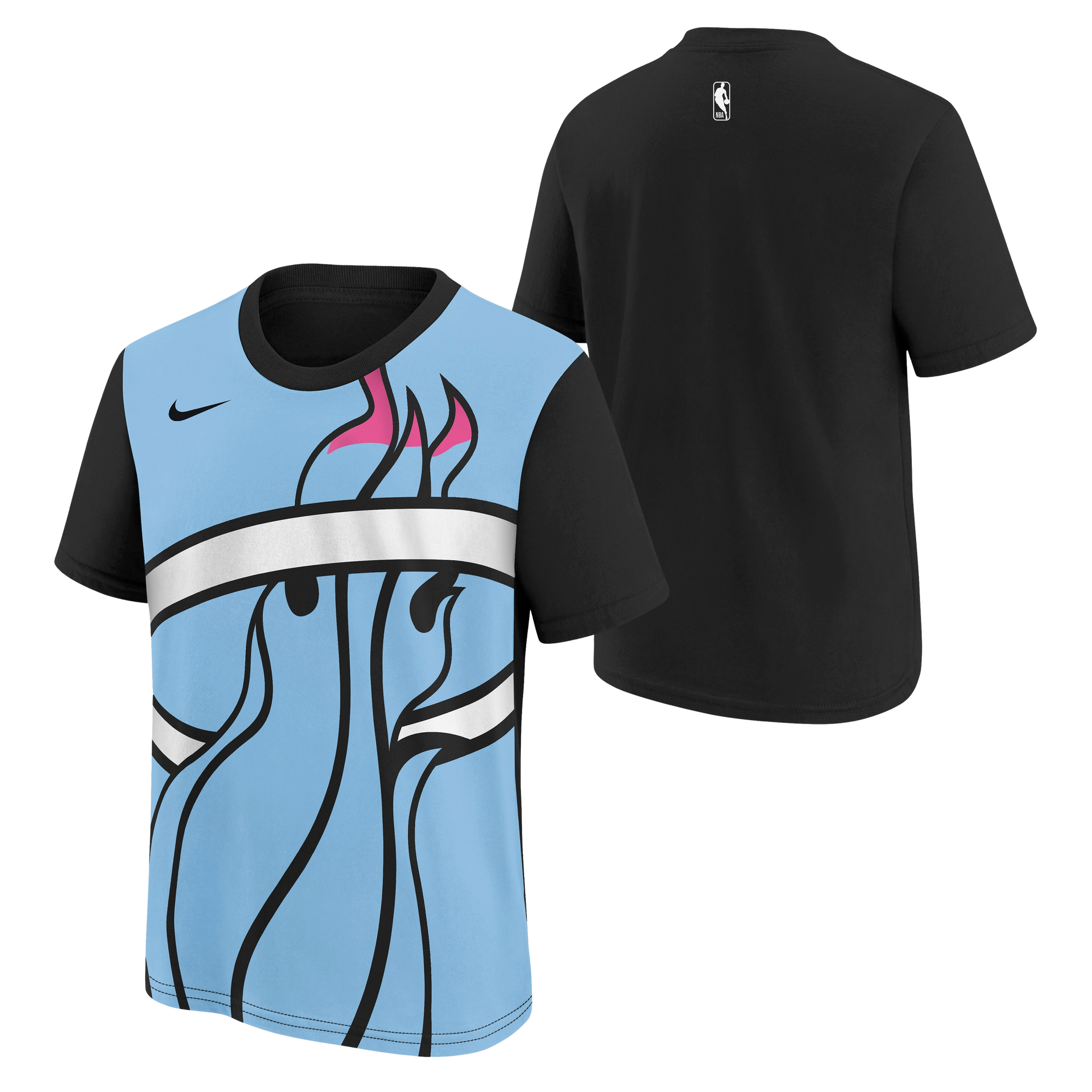 The New Era Miami HEAT Original Vice Nights Big Logo Youth Tee features a blue, black, white, and pink Miami Heat logo on the front, black sleeves and back with a small NBA logo. Machine washable for easy care.