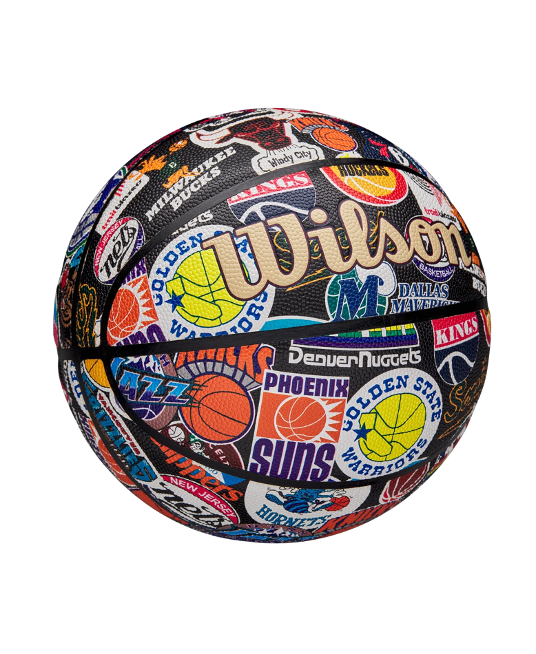 The Wilson All-Team Retro Basketball by Wilson features vintage NBA team logos and names—Suns, Warriors, Mavericks, Nets, Nuggets, Jazz—on a Pure Feel Cover with a crisp white background.