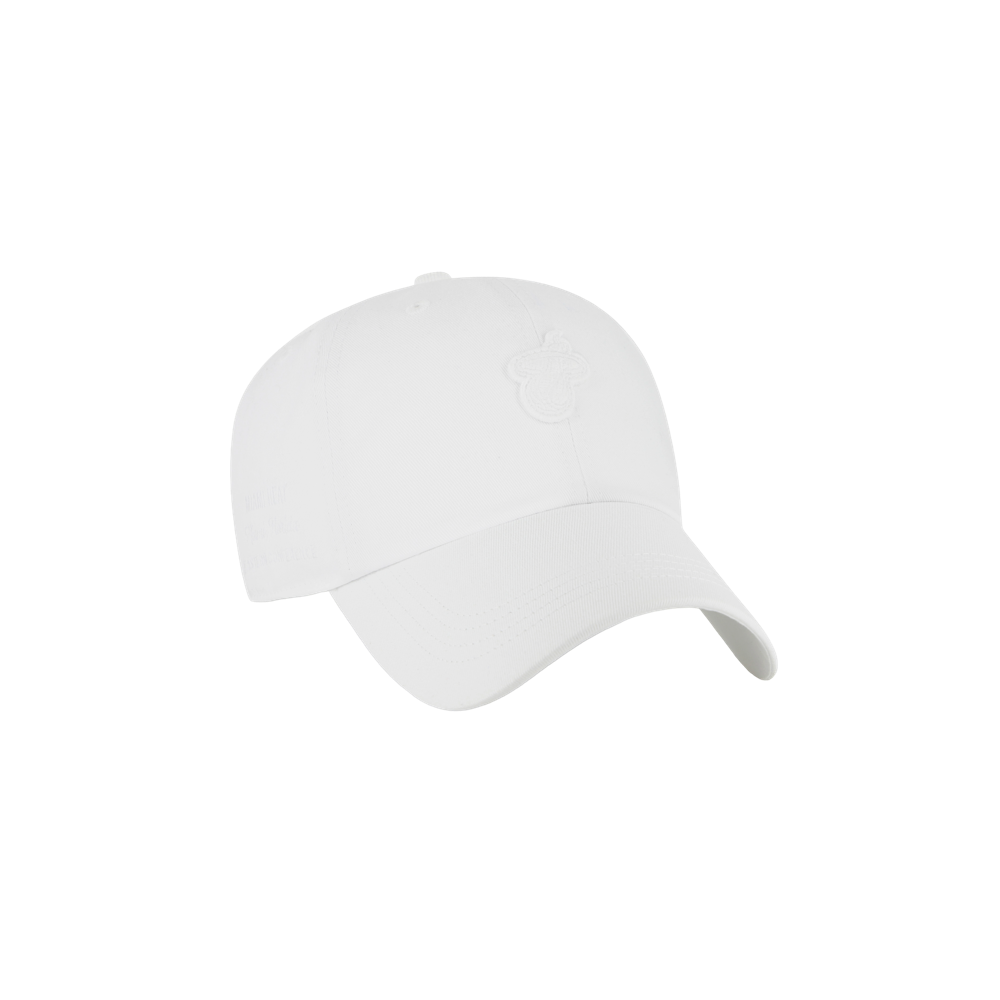 The '47 Brand Miami HEAT Contemporary White Cleanup Hat features a curved brim and classic fit, displayed facing slightly right on a white background. Spot clean as needed; one size fits most.