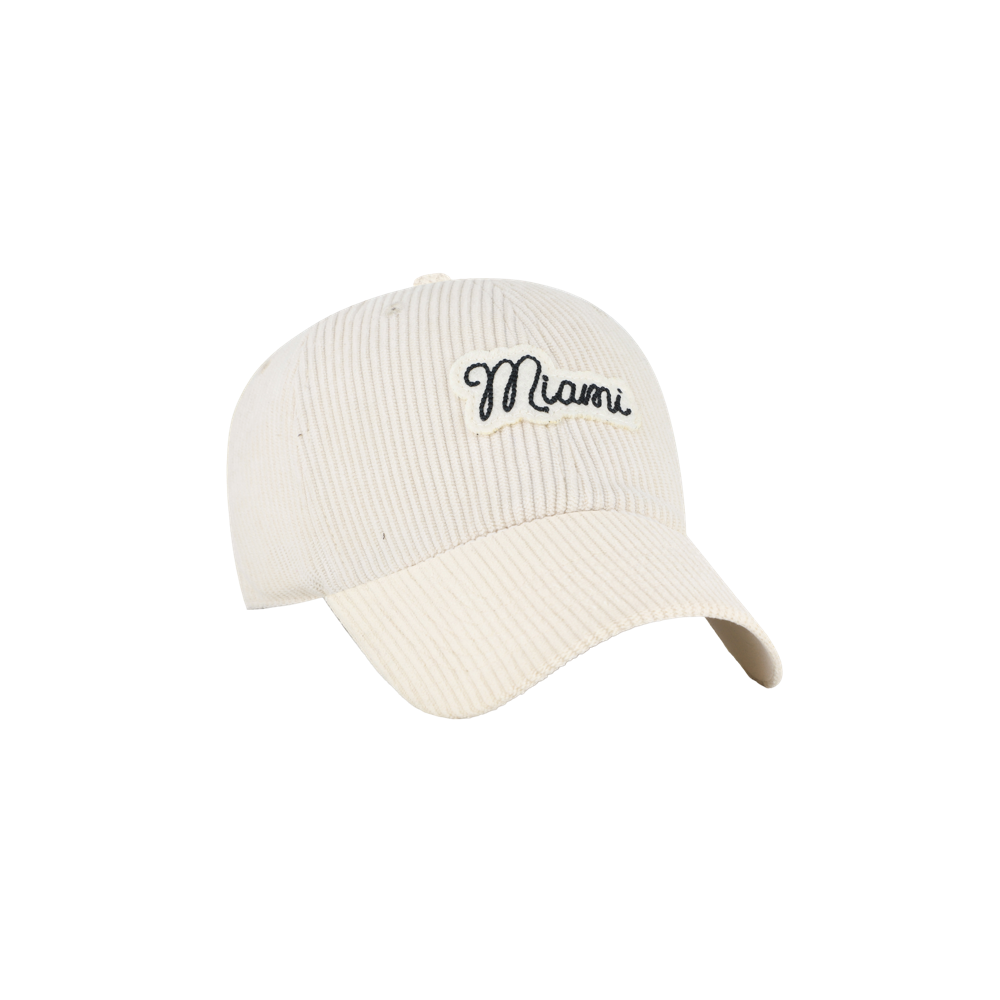 The ’47 Brand Miami HEAT Corduroy Script Women’s Cleanup Hat features a cream-colored corduroy design made from soft polyester. The word “Miami” is embroidered in black script on the front, and the one size fits most style ensures comfort for everyday wear. This stylish ’47 Brand cap, shown on a plain white background, is easy to spot clean as needed.
