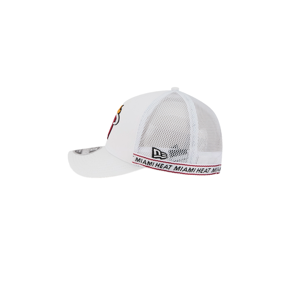 White adjustable trucker cap with Miami HEAT logo patch and branded trim on the brim. - New Era Miami HEAT Logo Adjustable Trucker