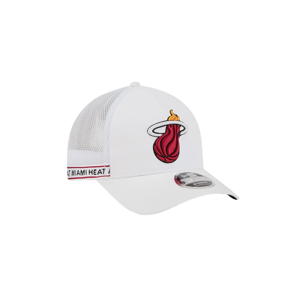 White New Era trucker cap with red Miami HEAT logo and adjustable strap detailing. - New Era Miami HEAT Logo Adjustable Trucker