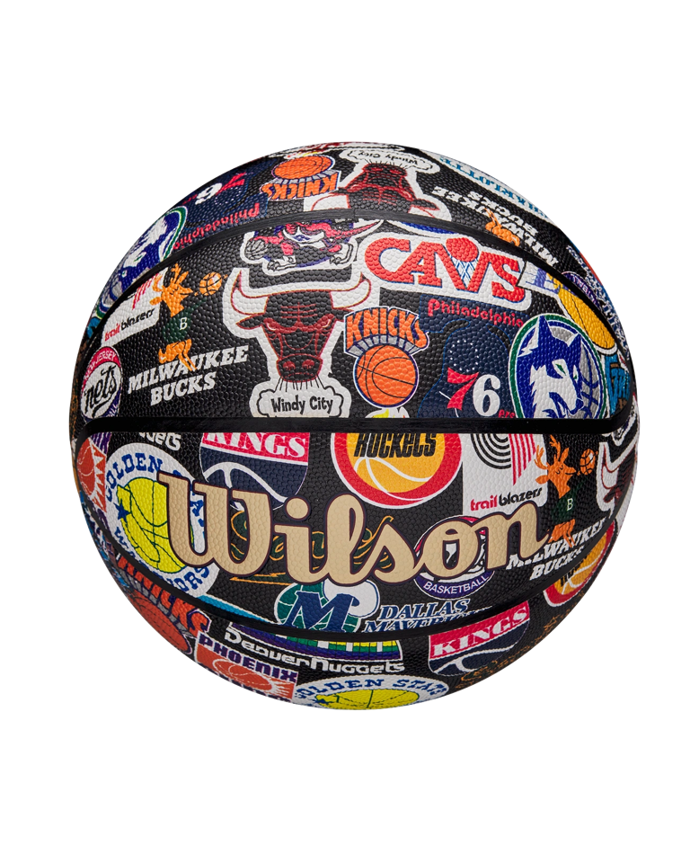 The Wilson All-Team Retro Basketball by Wilson features bold vintage team logos—including the Bulls, Knicks, Lakers, and Bucks—displayed on a vibrant Pure Feel Cover set against a crisp white background.