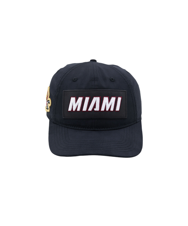 Black dad hat with raised white and red Miami HEAT lettering on front patch. - Pro Standard Dwyane Wade MIAMI Dad Hat