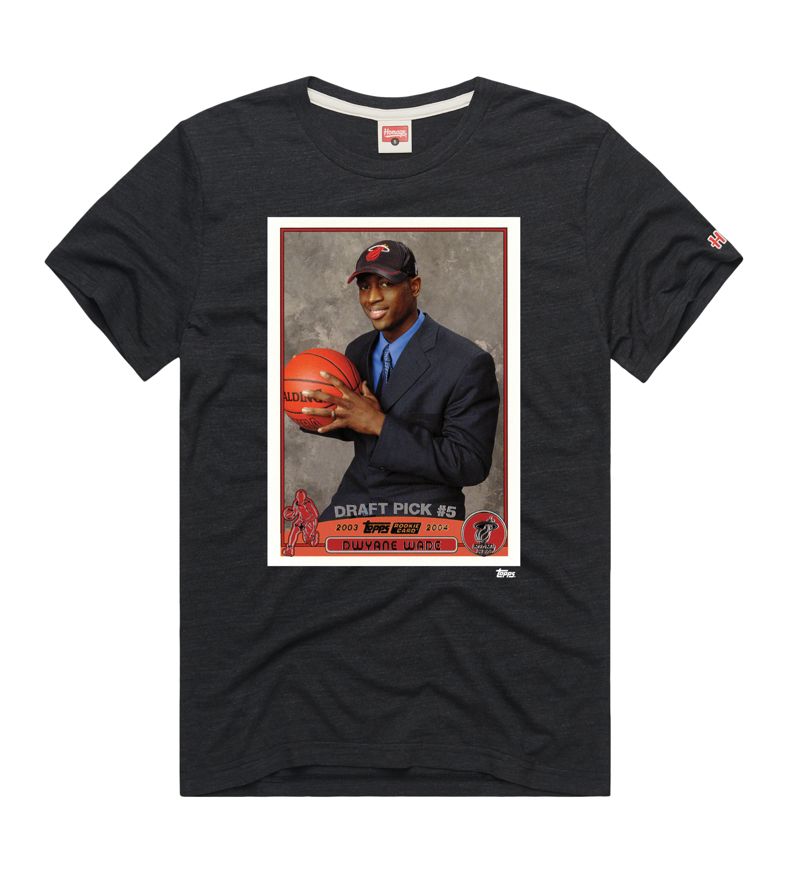 The Homage Dwyane Wade Homage Miami HEAT Rookie Card Tee is a black standard-fit shirt with a trading card-style print of Dwyane Wade as Draft Pick #5. Made from polyester, cotton, and rayon. Machine wash cold for best care.