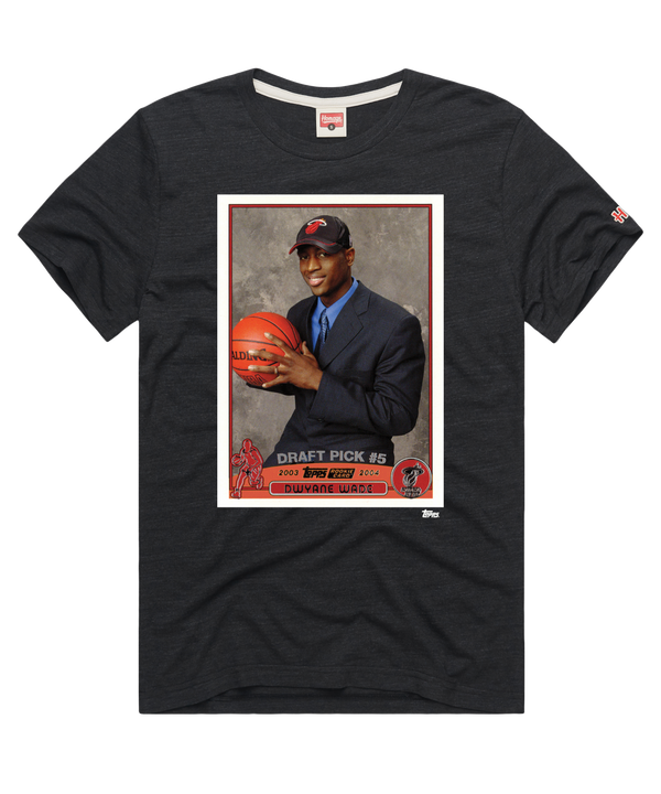 The Homage Dwyane Wade Homage Miami HEAT Rookie Card Tee is a black standard-fit shirt with a trading card-style print of Dwyane Wade as Draft Pick #5. Made from polyester, cotton, and rayon. Machine wash cold for best care.
