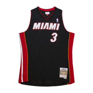 The Dwyane Wade Mitchell & Ness Miami HEAT 2012-13 Kids Swingman Jersey is a black and red basketball jersey, ideal for young fans cheering for their NBA heroes.