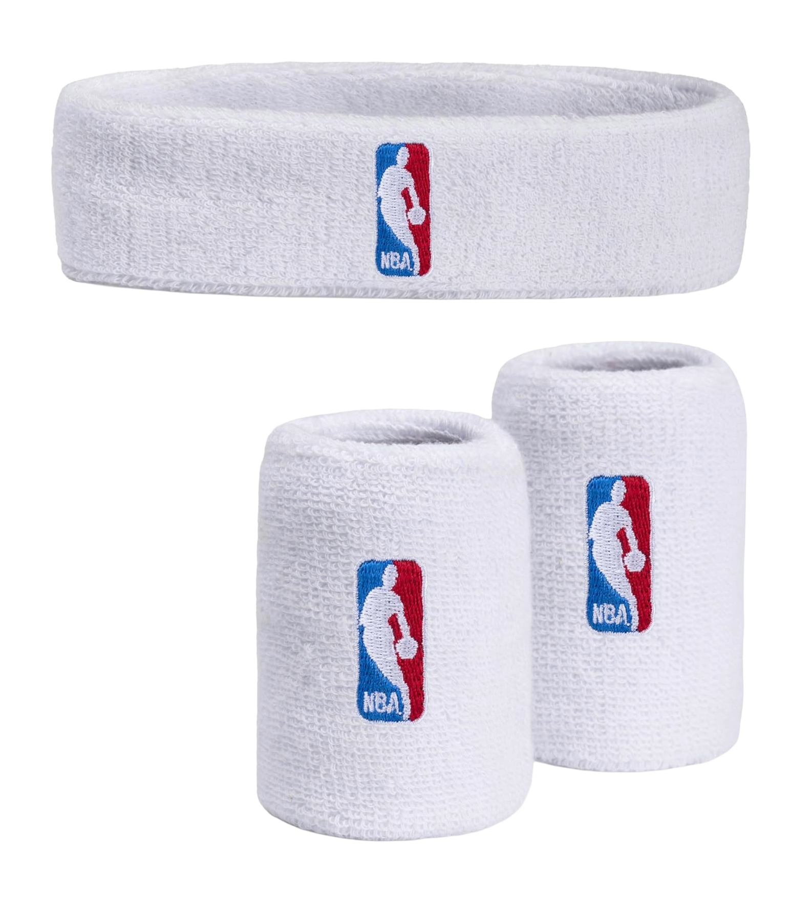 The For Bare Feet NBA 3-Piece White Headband & Wristband Set includes a soft terry cloth headband and two wristbands, all white with the blue and red NBA Logoman featuring the basketball player silhouette.