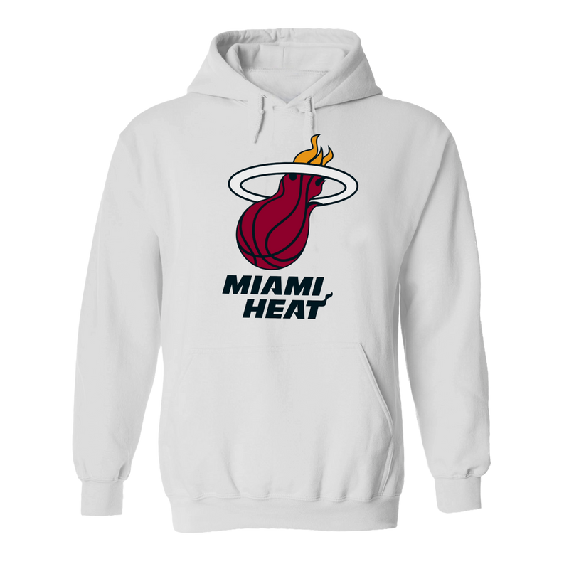 The Miami HEAT Logo White Hoodie by Item Of The Game features a standard fit, crafted from a cotton-polyester blend, and showcases the iconic flaming basketball logo with "MIAMI HEAT" boldly printed underneath.