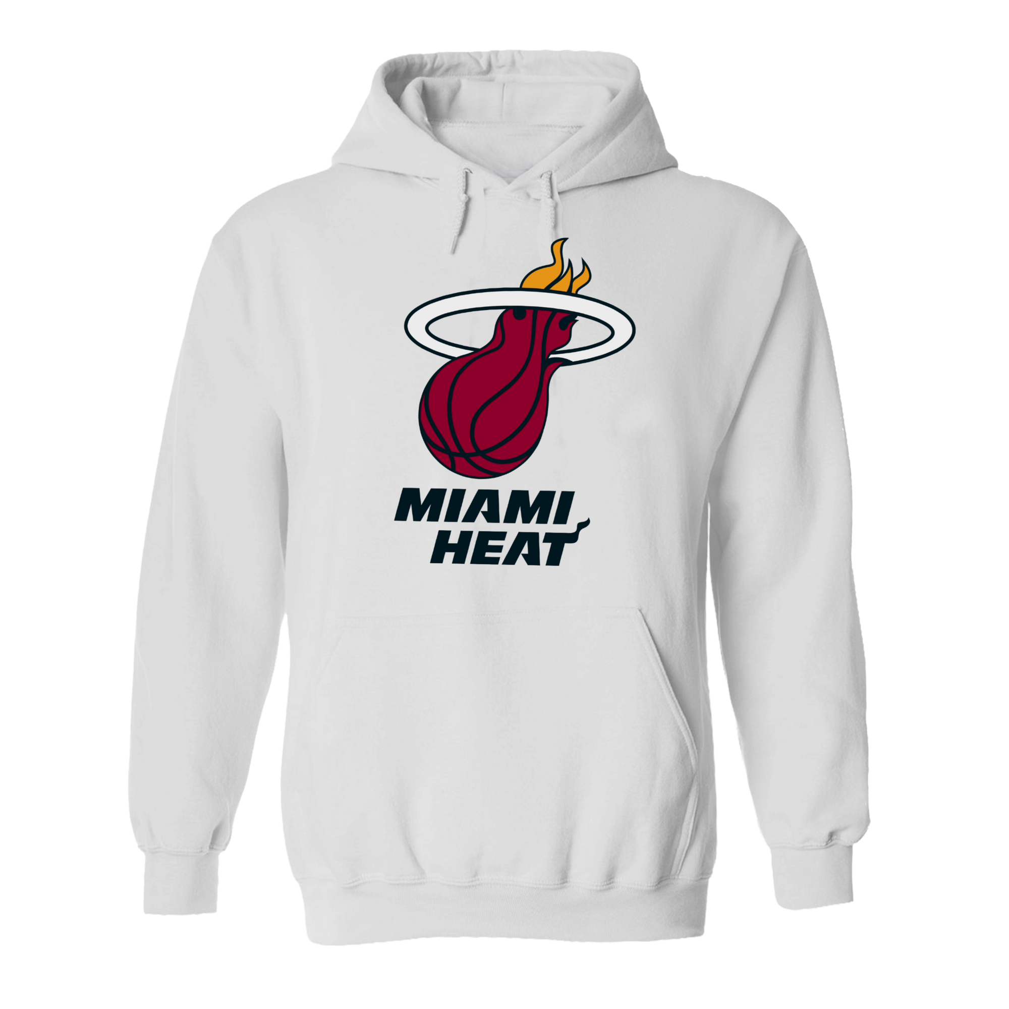 The Miami HEAT Logo White Hoodie by Item Of The Game features a standard fit, crafted from a cotton-polyester blend, and showcases the iconic flaming basketball logo with 