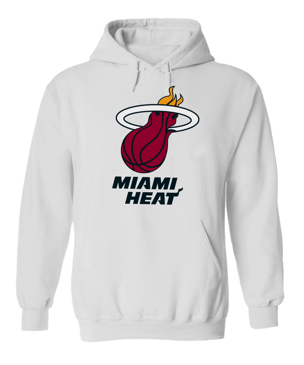 The Miami HEAT Logo White Hoodie by Item Of The Game features a standard fit, crafted from a cotton-polyester blend, and showcases the iconic flaming basketball logo with 