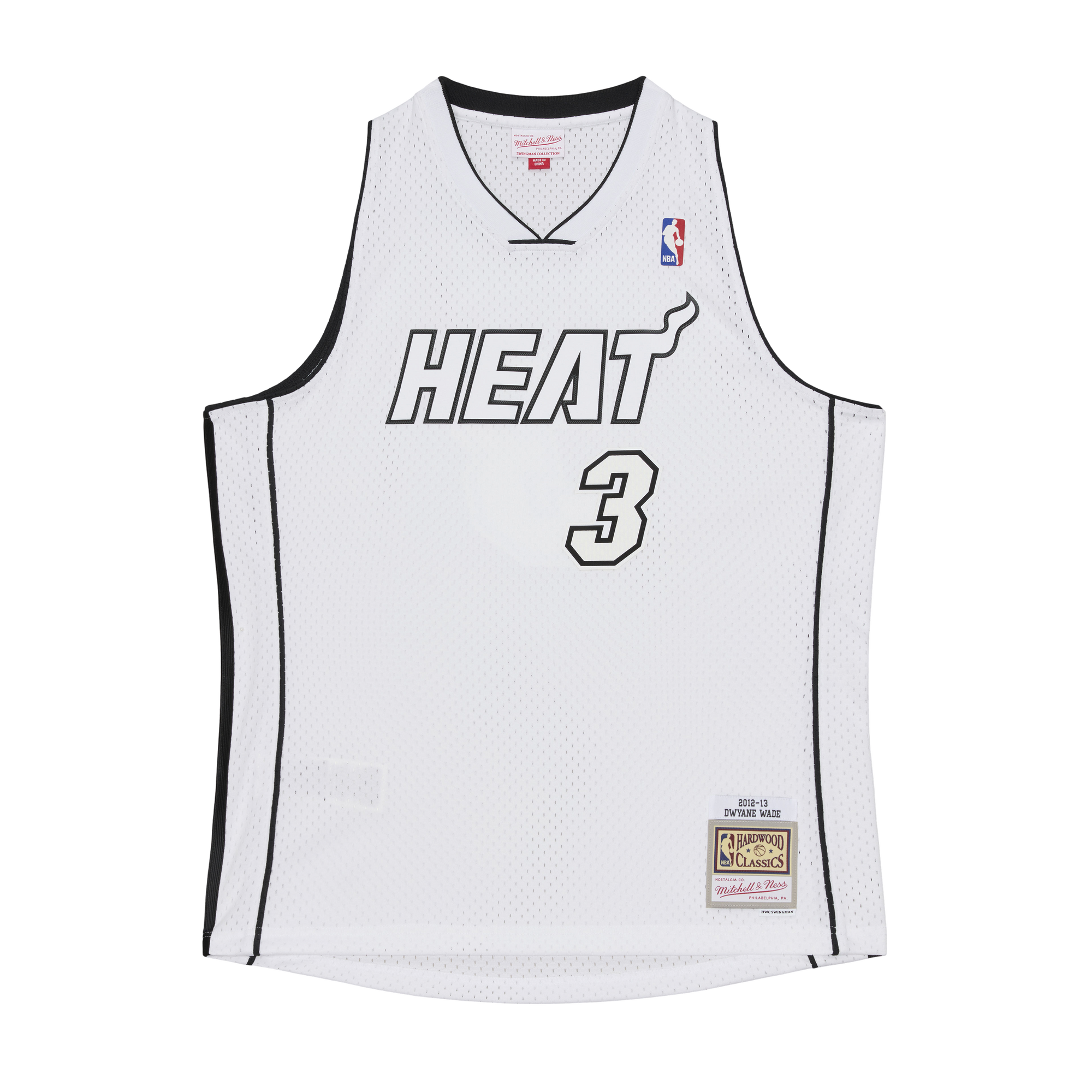 Dwyane Wade Mitchell & Ness Miami HEAT White Hot 2012-13 Swingman Jersey in white polyester featuring HEAT and the number 3 in black outline, black side panels, a commemorative hem patch, and a woven jock tag.