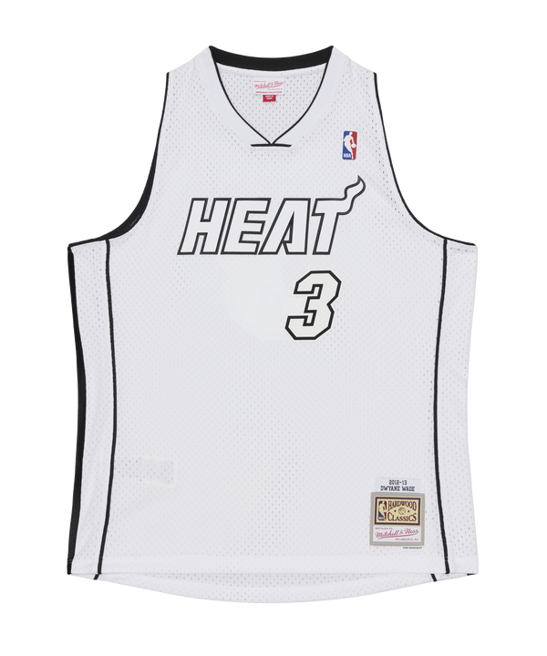 Dwyane Wade Mitchell & Ness Miami HEAT White Hot 2012-13 Swingman Jersey in white polyester featuring HEAT and the number 3 in black outline, black side panels, a commemorative hem patch, and a woven jock tag.