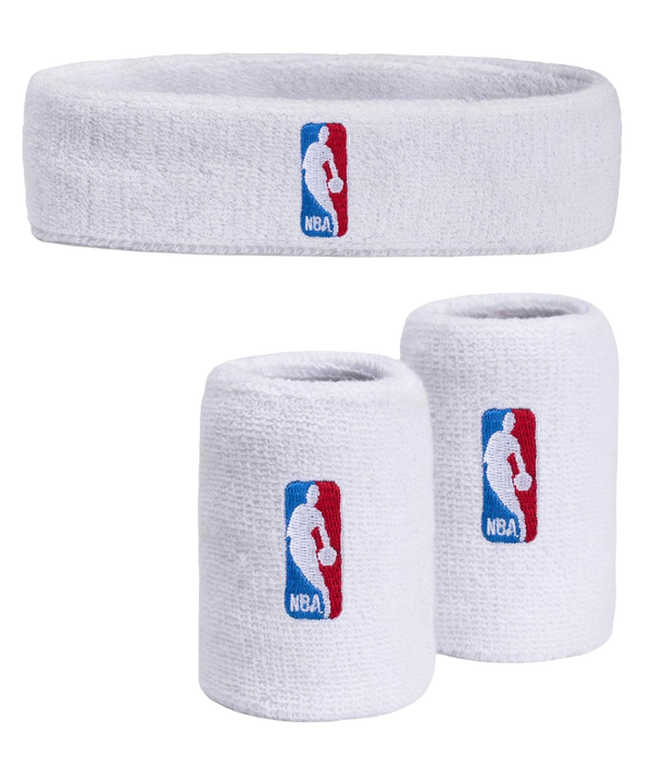 The For Bare Feet NBA 3-Piece White Headband & Wristband Set includes a soft terry cloth headband and two wristbands, all white with the blue and red NBA Logoman featuring the basketball player silhouette.