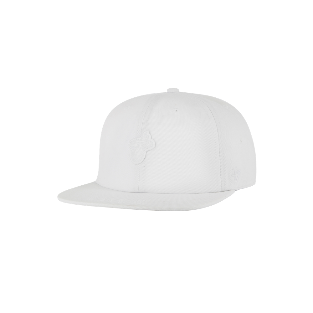 The '47 Brand Miami HEAT White Captain Snapback features a flat brim, subtle stitching, and a small front logo. Shown angled on a white background. One size fits most and is easy to spot clean.
