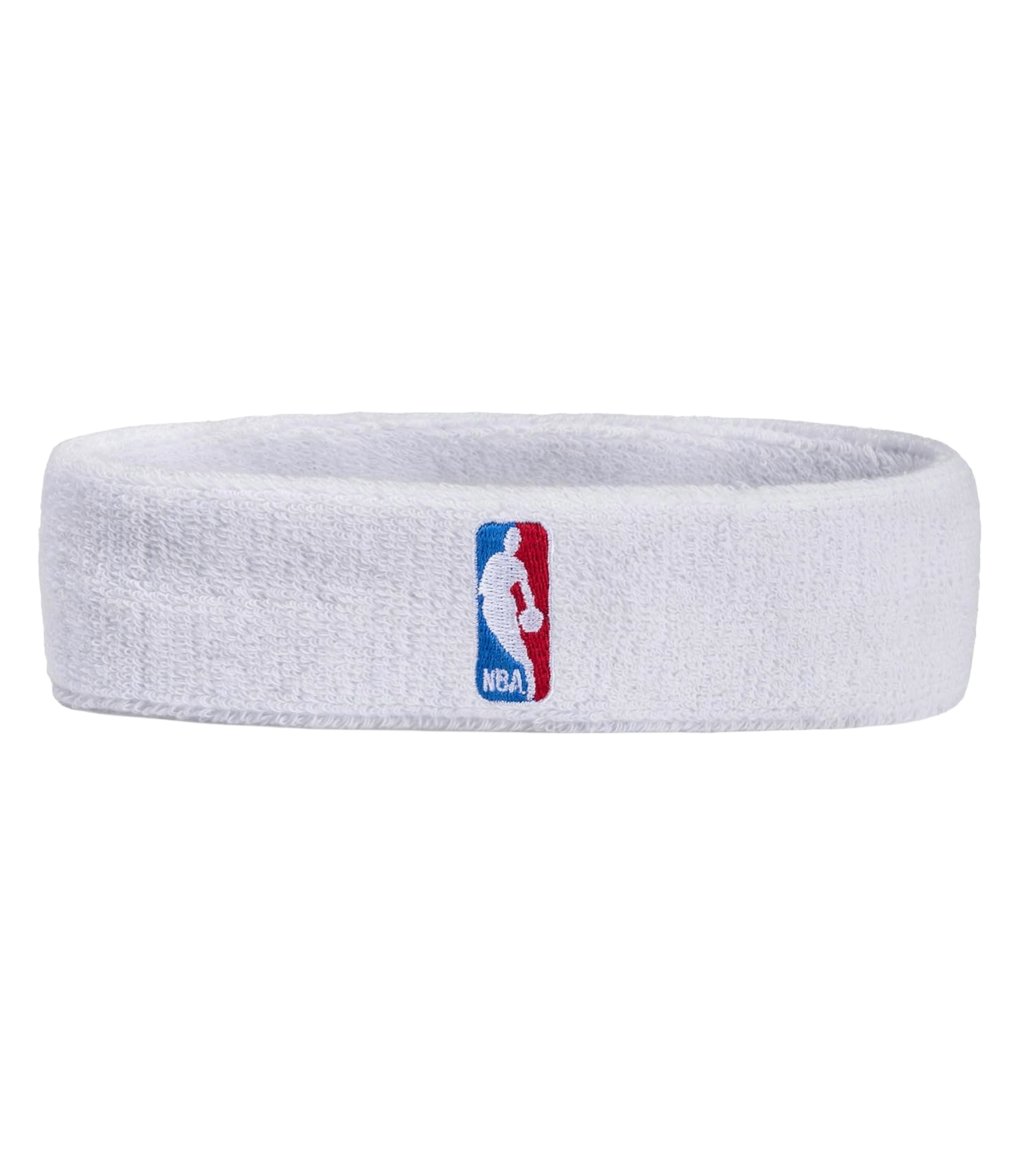 The For Bare Feet NBA 3-Piece White Headband & Wristband Set features a white terry cloth headband with the classic blue, red, and white NBA Logoman on the front, displayed against a plain white background.