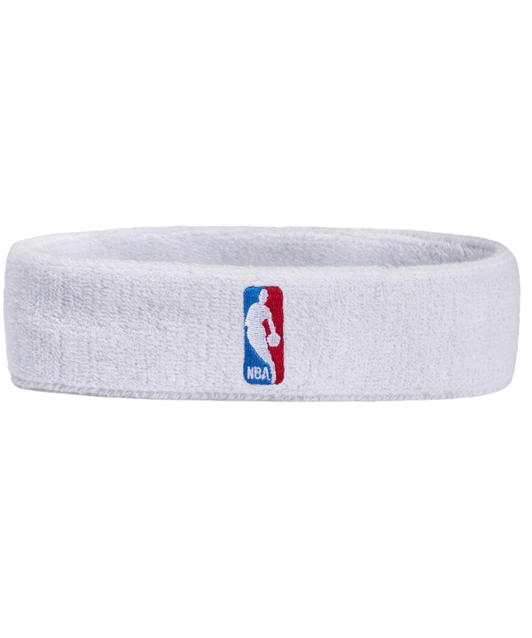 The For Bare Feet NBA 3-Piece White Headband & Wristband Set includes a soft terry cloth headband and two wristbands, all white with the blue and red NBA Logoman featuring the basketball player silhouette.