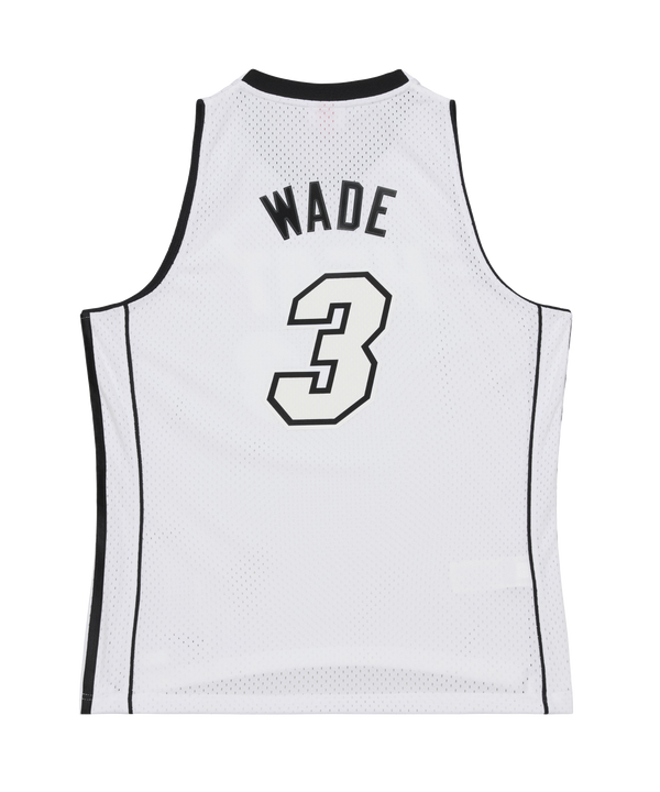 Dwyane Wade Mitchell & Ness Miami HEAT White Hot 2012-13 Swingman Jersey in white polyester featuring HEAT and the number 3 in black outline, black side panels, a commemorative hem patch, and a woven jock tag.