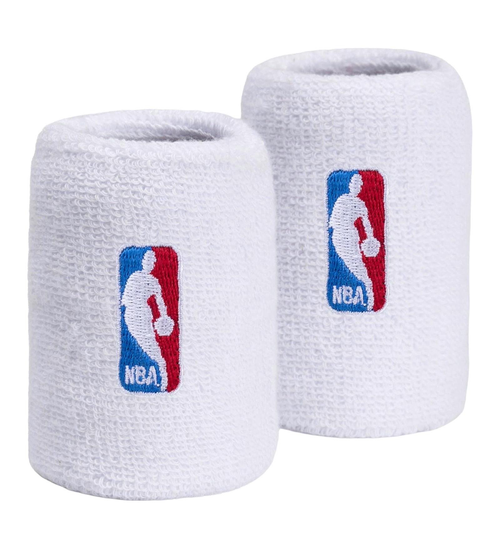 The For Bare Feet NBA 3-Piece White Headband & Wristband Set features two white wristbands and a headband, each with the iconic NBA Logoman—a white player silhouette on a blue and red background with “NBA” text below.