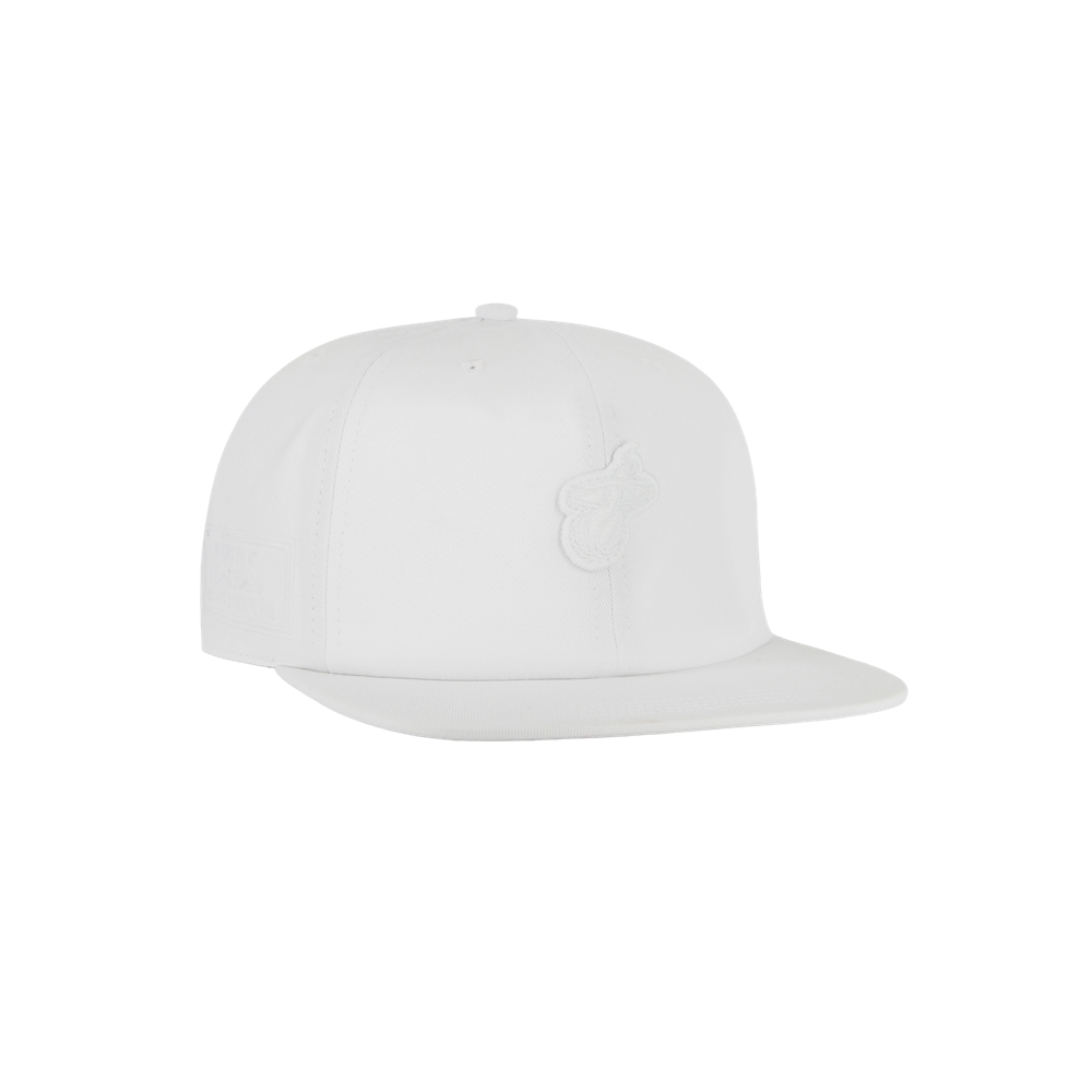 The '47 Brand Miami HEAT White Captain Snapback is a plain white cotton cap with a subtle embroidered logo on the front left panel, shown against a white background. One size fits most; spot clean for best care.