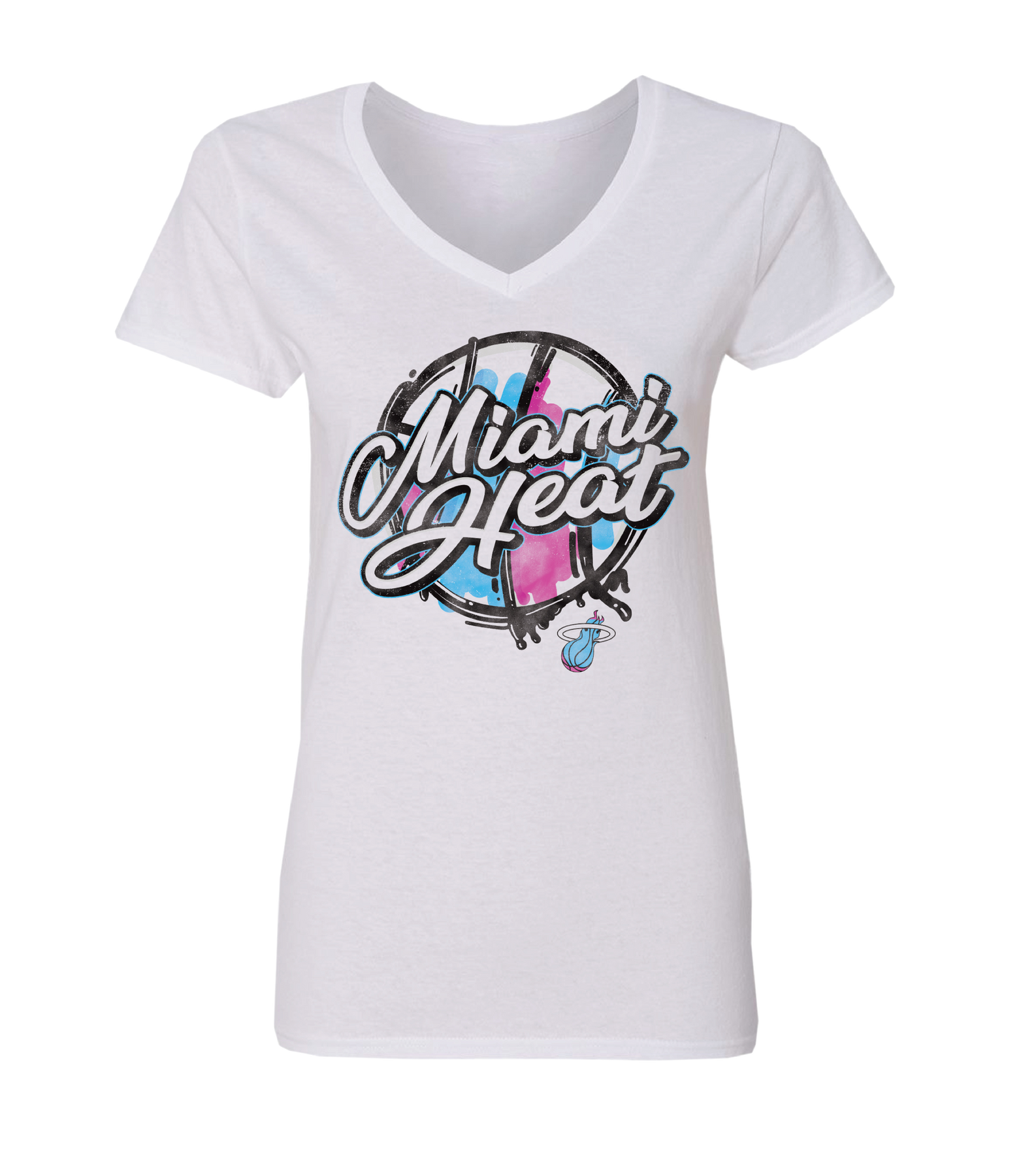 The Miami HEAT Original Vice Nights White Women's Tee by Item Of The Game features a V-neck, large cursive logo with pastel blue and pink accents, a small basketball graphic, 100% cotton comfort, and a standard fit. Machine wash cold.