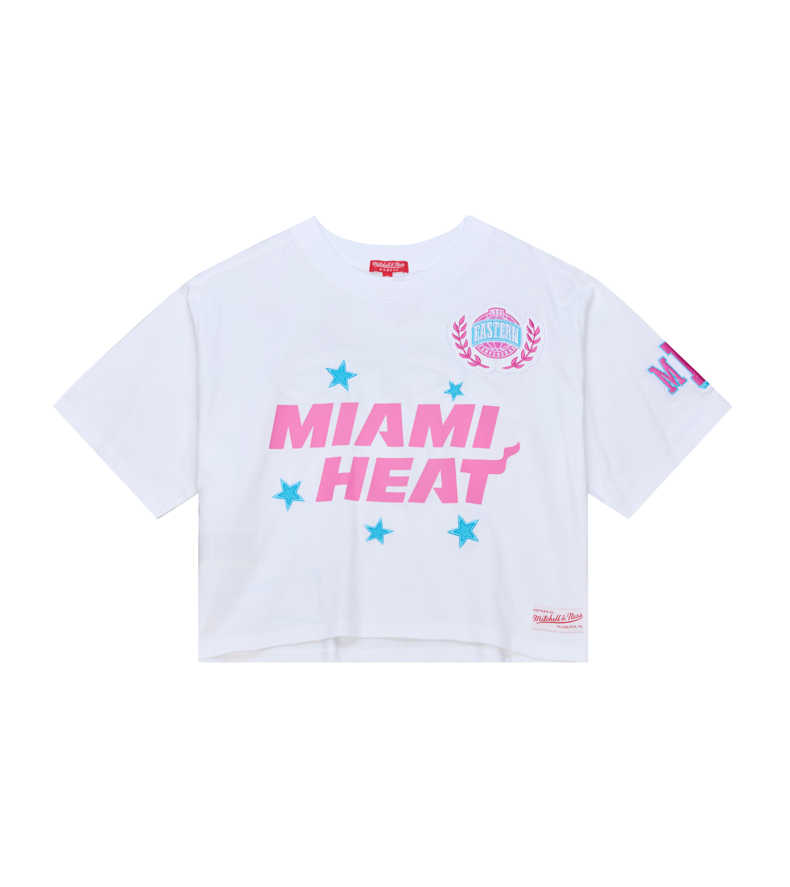The Mitchell & Ness Miami HEAT Original Vice Nights Women's Boxy Tee is a white cotton cropped t-shirt with large pink 