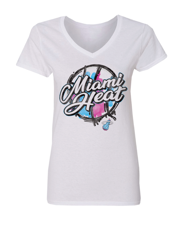 The Miami HEAT Original Vice Nights White Women's Tee by Item Of The Game features a V-neck, large cursive logo with pastel blue and pink accents, a small basketball graphic, 100% cotton comfort, and a standard fit. Machine wash cold.