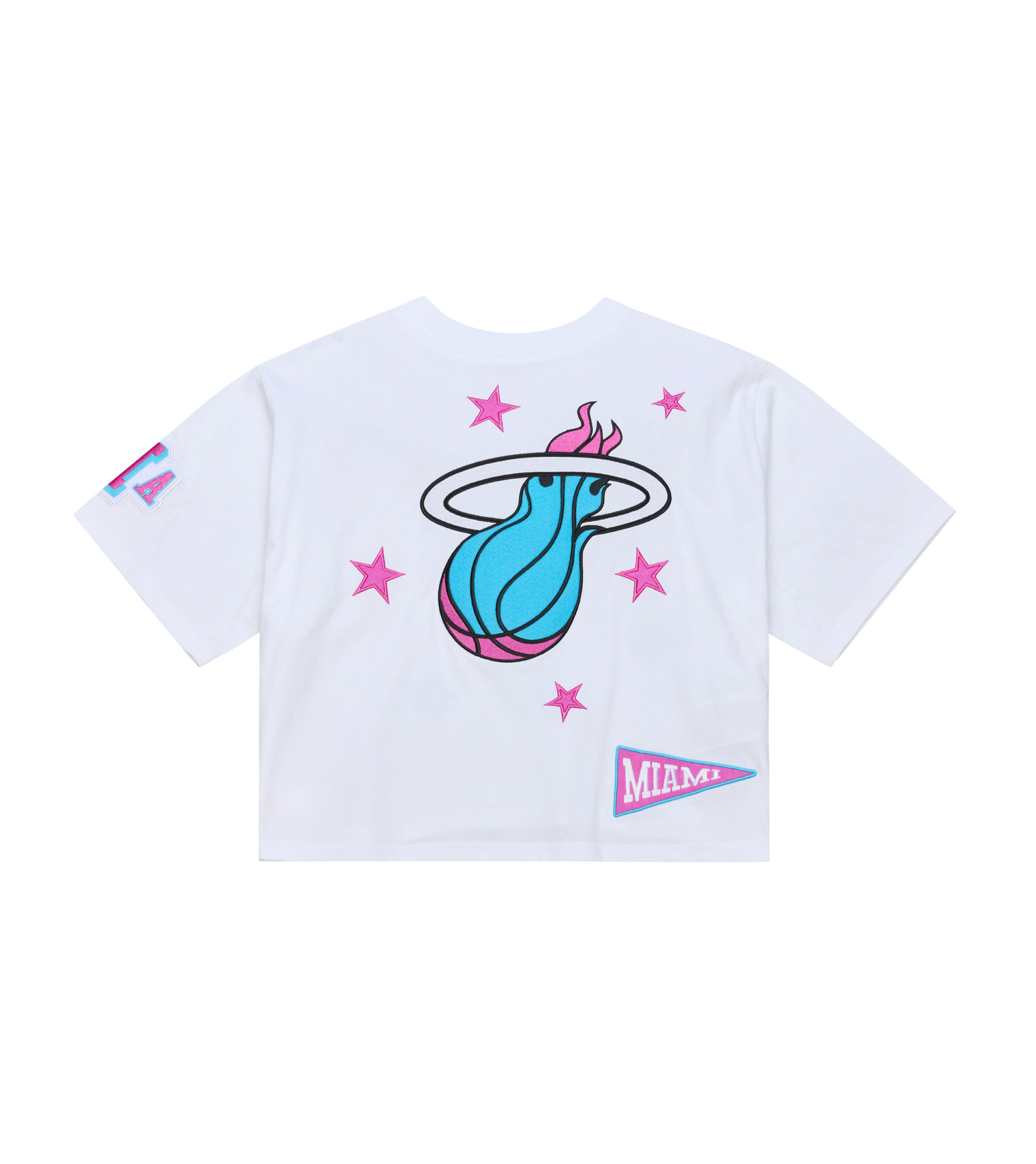 The Mitchell & Ness Miami HEAT Original Vice Nights Women's Boxy Tee features a white cotton cropped fit with a large blue and pink flaming Miami Heat logo, pink stars, and MIAMI pennant graphics on the sleeve and back. Machine wash cold.